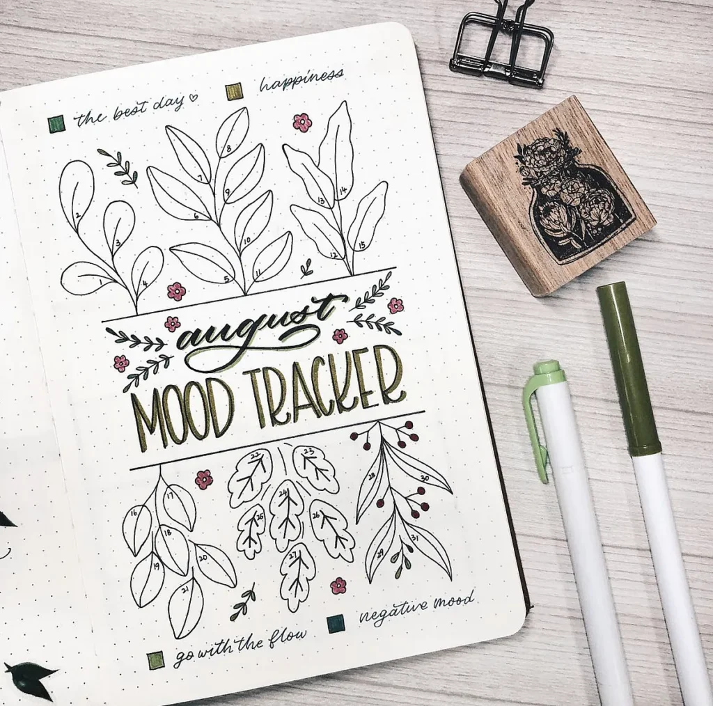 Bullet journal page with floral August mood tracker, stamps, and pens on a wooden desk.