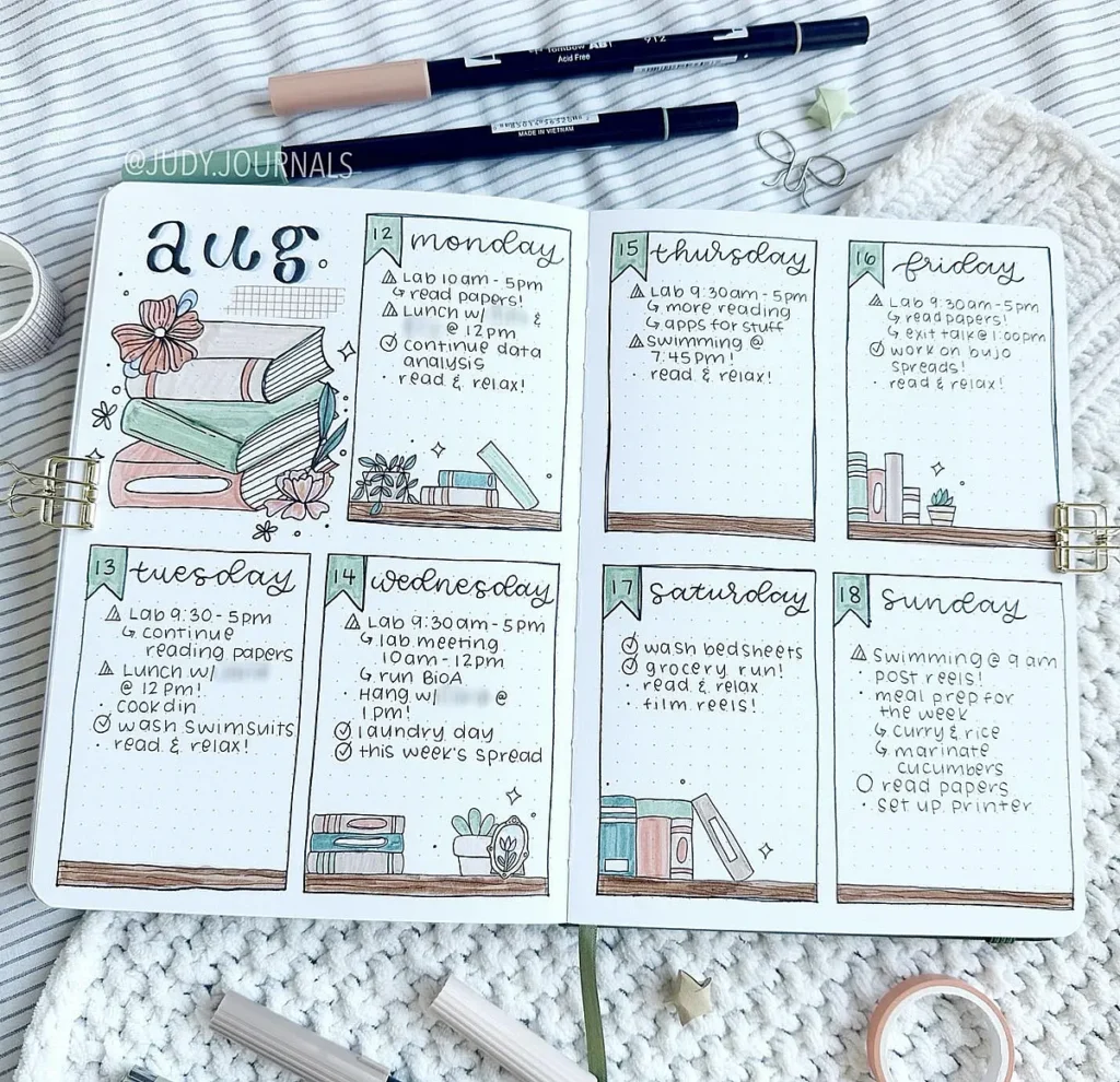 Bullet journal weekly spread for August with drawings and detailed daily tasks on a dotted notebook page.