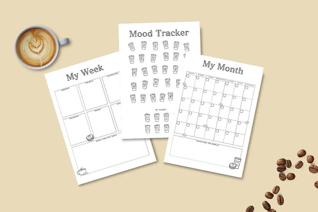 Weekly and monthly planners with mood tracker, coffee-themed designs; latte art and scattered coffee beans background.