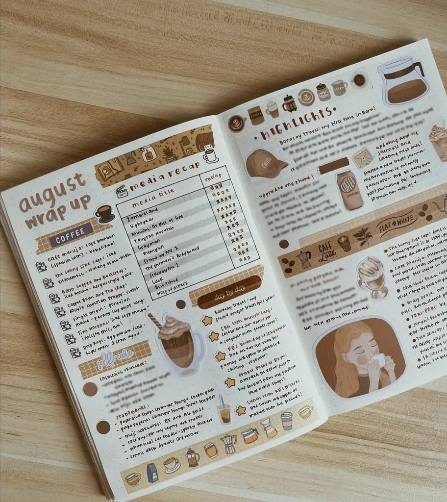 Decorated journal spread with coffee-themed doodles, highlights, and August media recap notes on a wooden table.