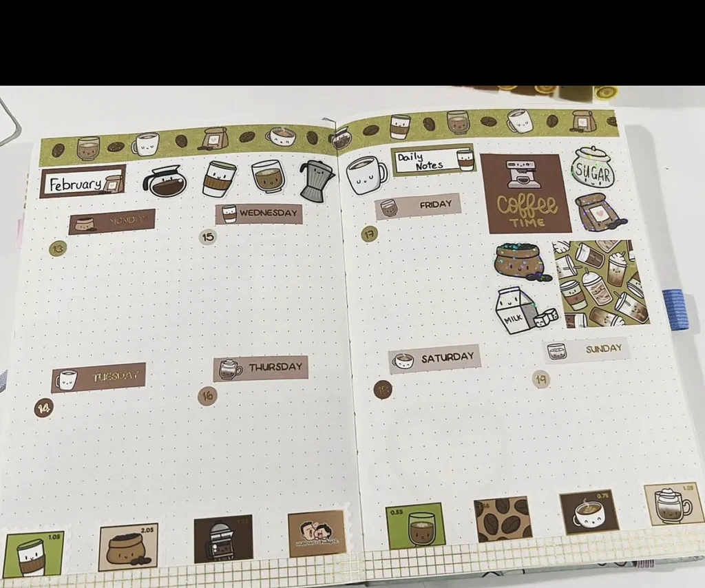 Cute coffee-themed bullet journal spread with stickers, including mugs, coffee beans, and planner notes for February.