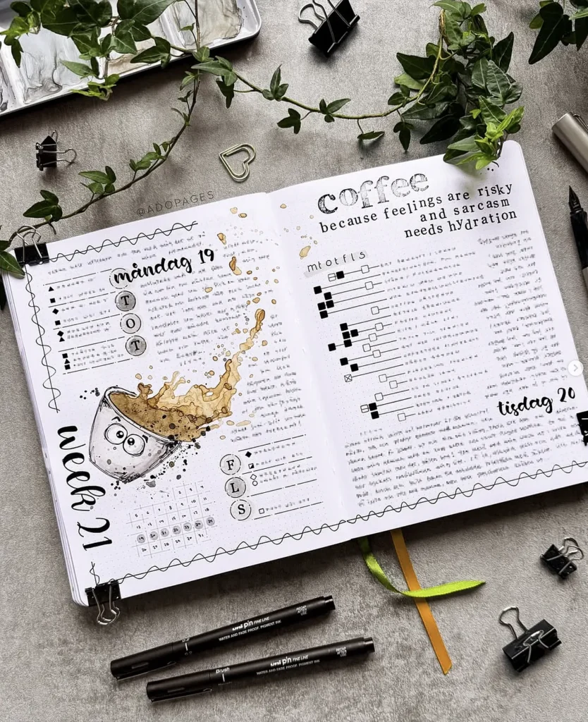 Bullet journal open to Week 21 with coffee theme, surrounded by stationery and plants.