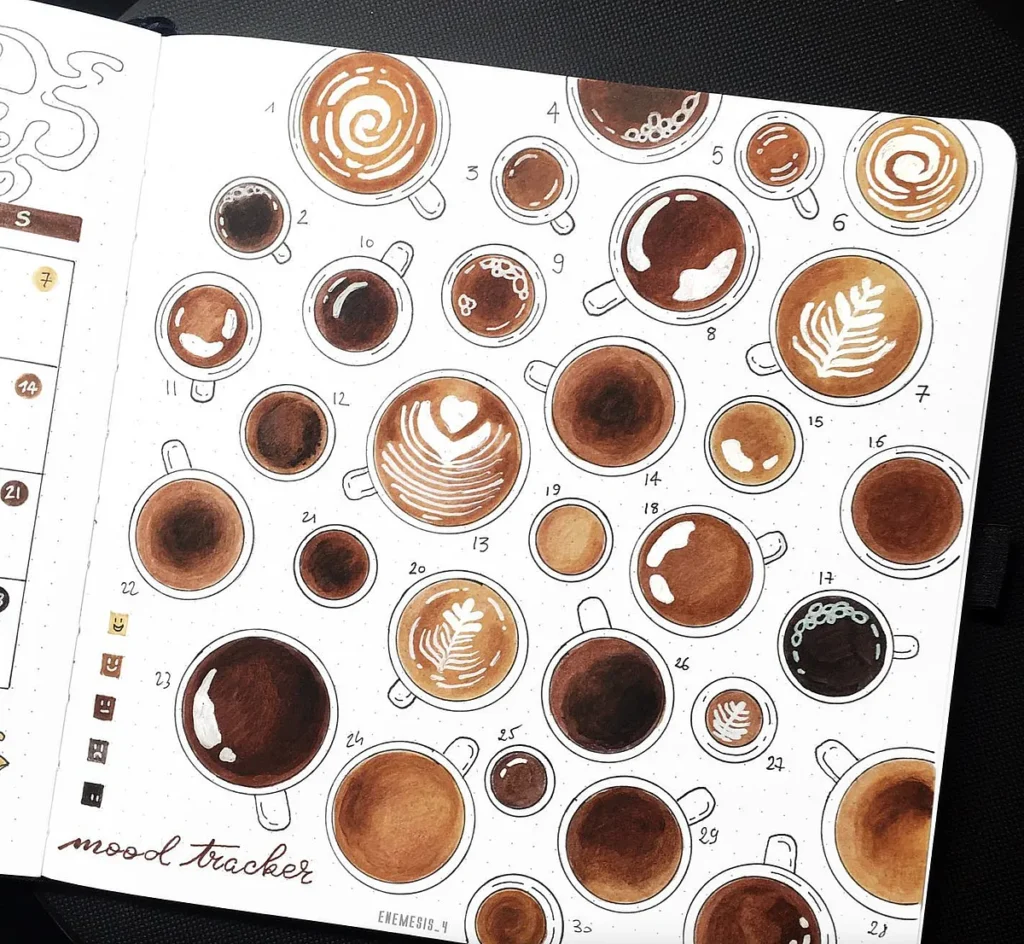 Coffee mood tracker with various latte art designs in a bullet journal.