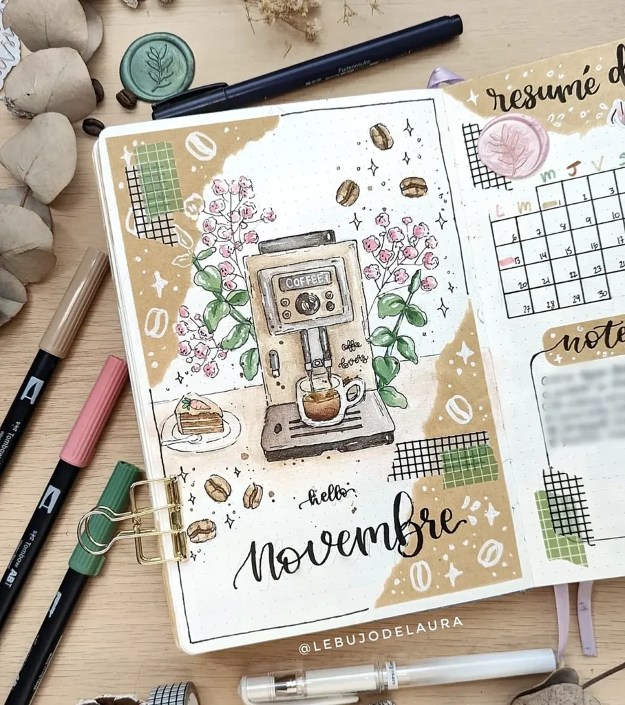 November bullet journal spread with coffee theme, featuring an illustrated coffee machine and calendar layout.