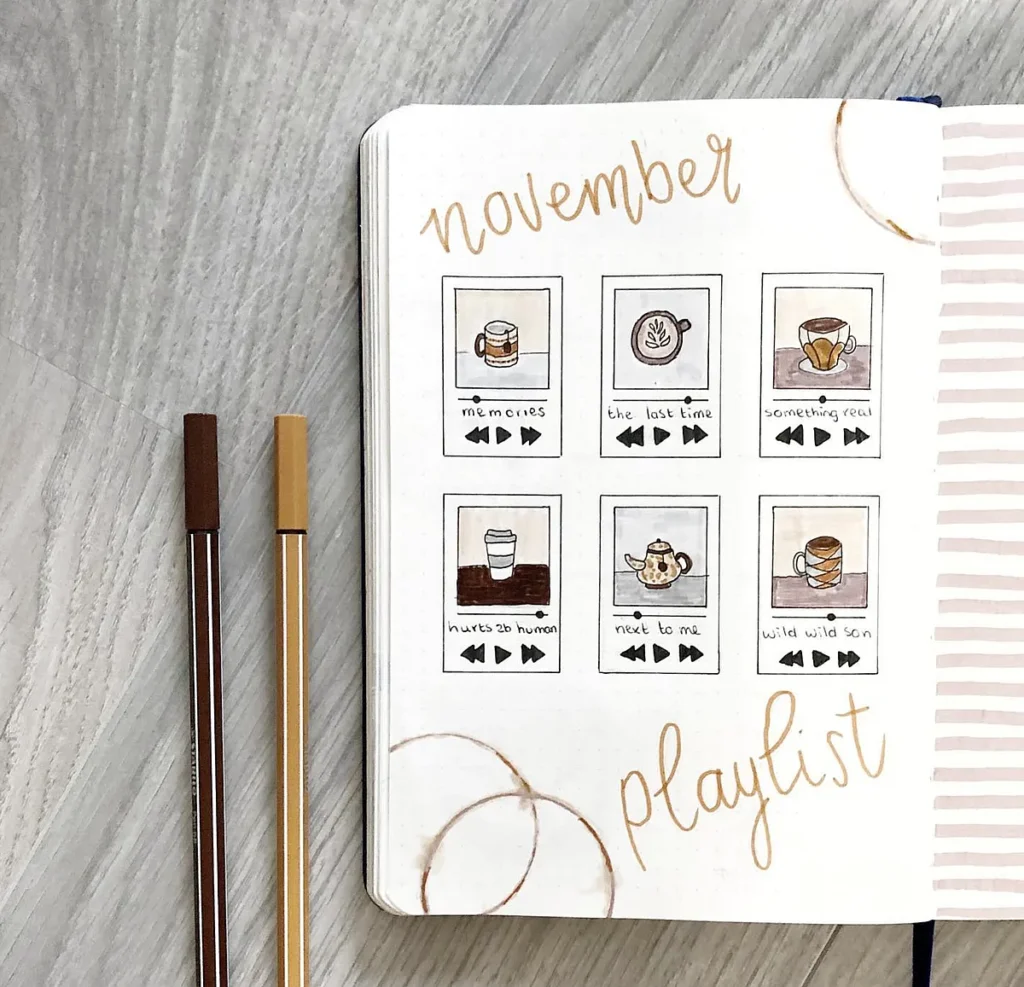 November playlist journal page with coffee-themed drawings and pens, perfect for cozy autumn vibes.