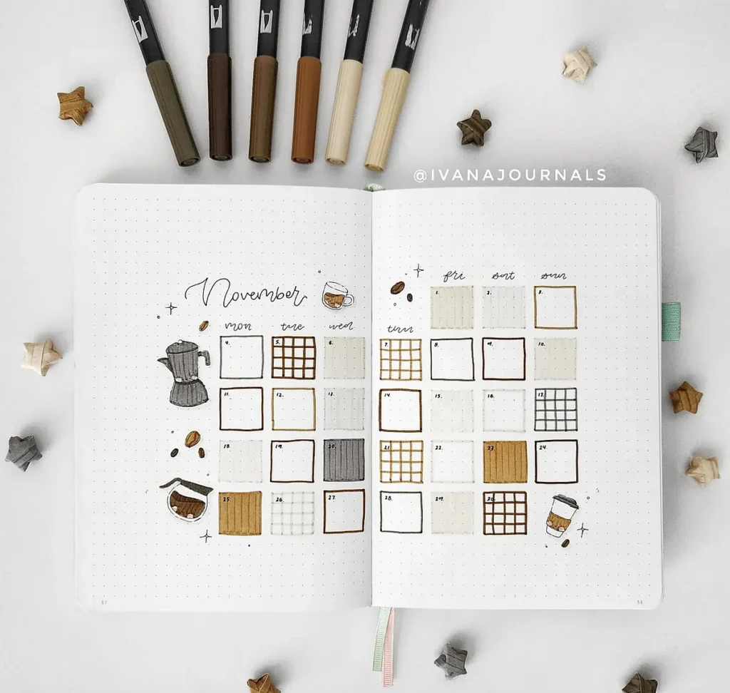 November bullet journal spread with coffee theme, grid patterns, and brown markers on a white background.