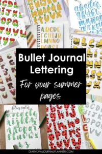 Colorful bullet journal lettering fonts ideas for summer pages, featuring creative alphabet designs and vibrant themes.