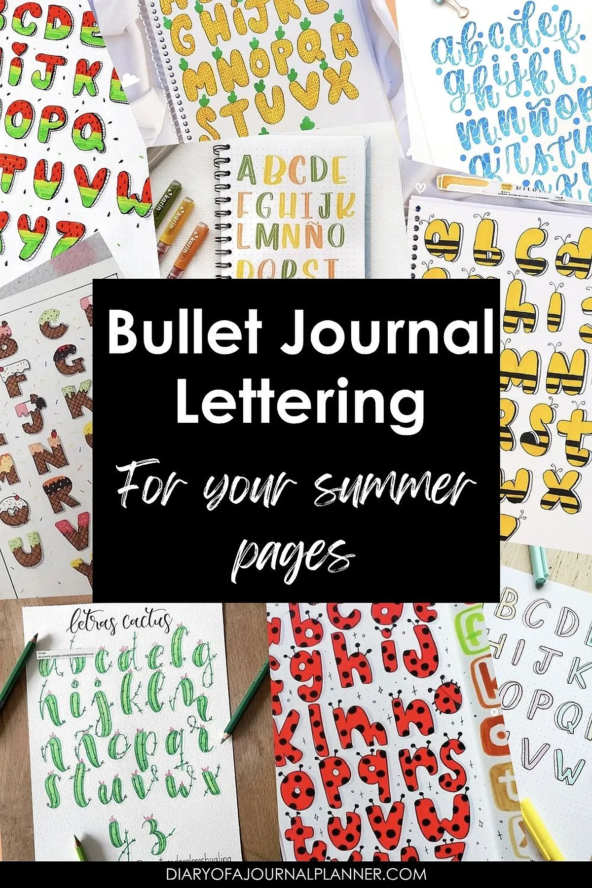 Colorful bullet journal lettering fonts ideas for summer pages, featuring creative alphabet designs and vibrant themes.