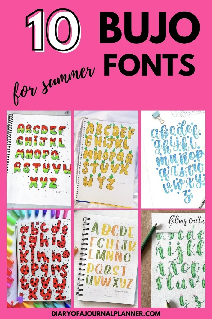 Colorful bullet journal fonts for summer displayed on notebooks; creative designs for diary enthusiasts.