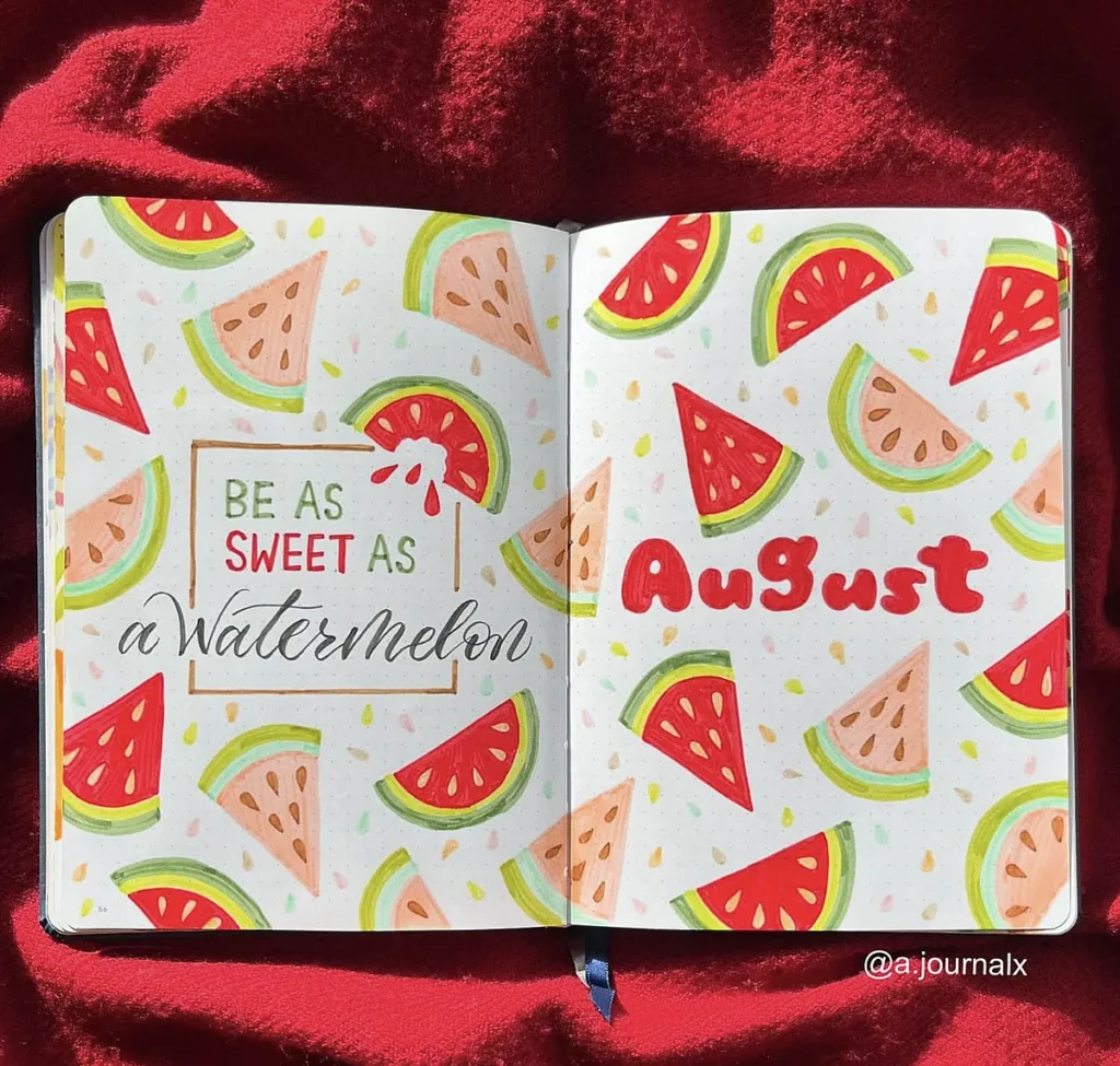 Colorful bullet journal pages with watermelon theme for August, featuring the quote Be as sweet as a watermelon.
