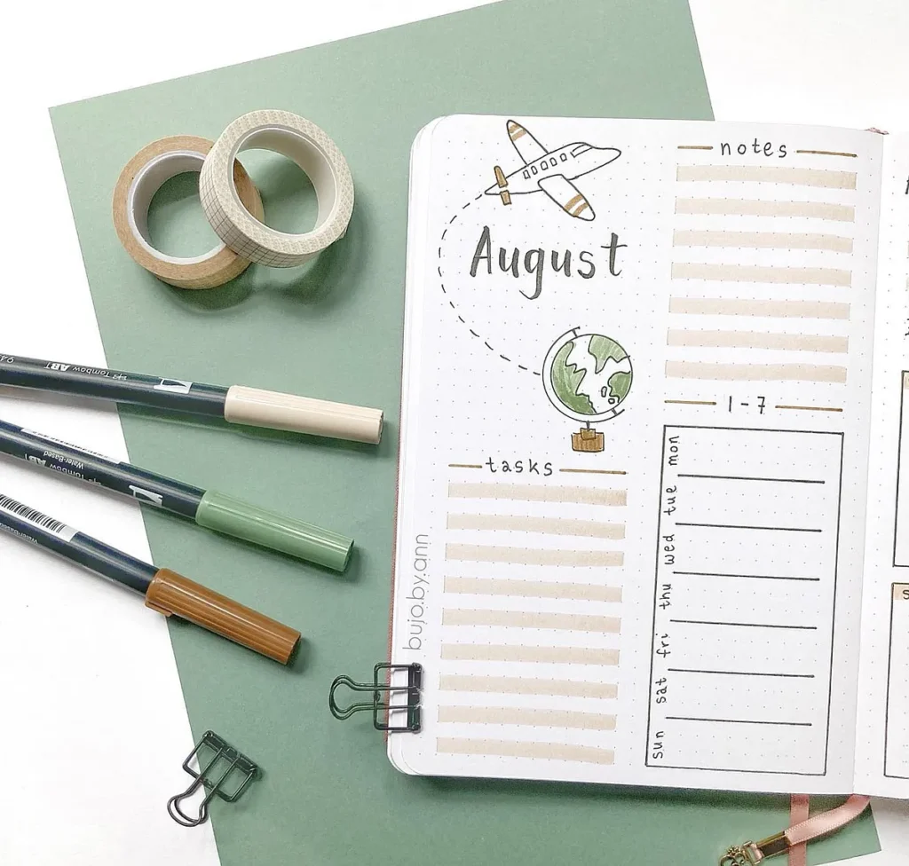 August bullet journal spread with plane and globe design, pens, washi tape, and green paper background.