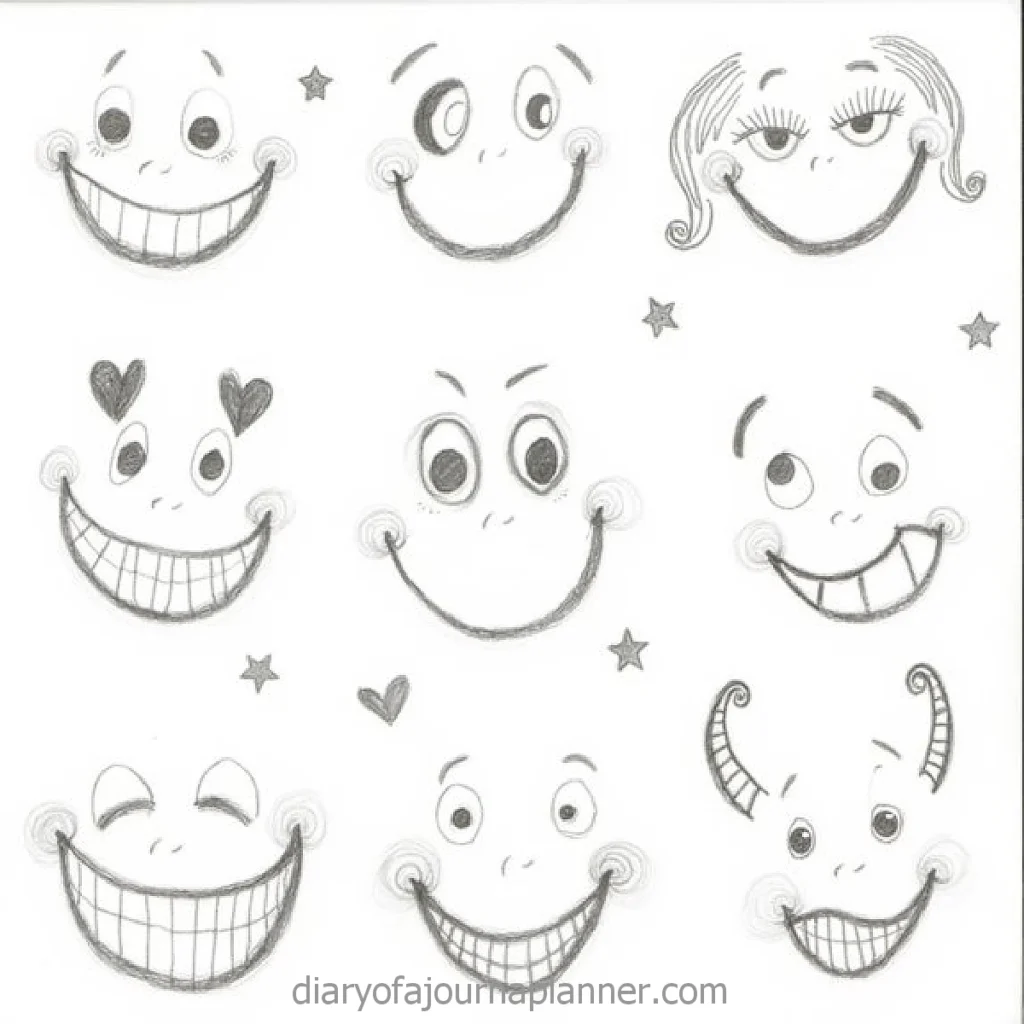 Nine sketched smiley faces with various expressions, surrounded by stars and hearts on a white background.