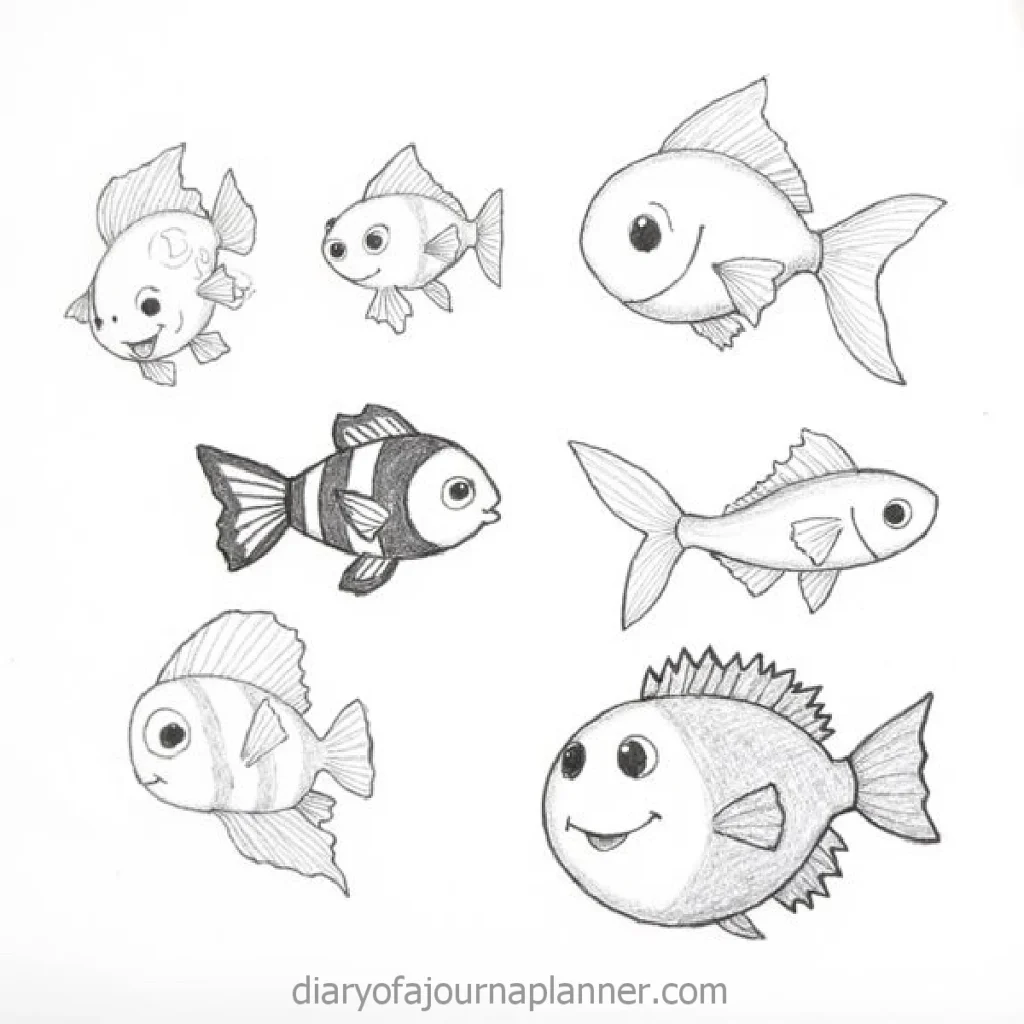 Sketch of seven cartoon fish with smiling faces, each with unique shapes and patterns, on a white background.