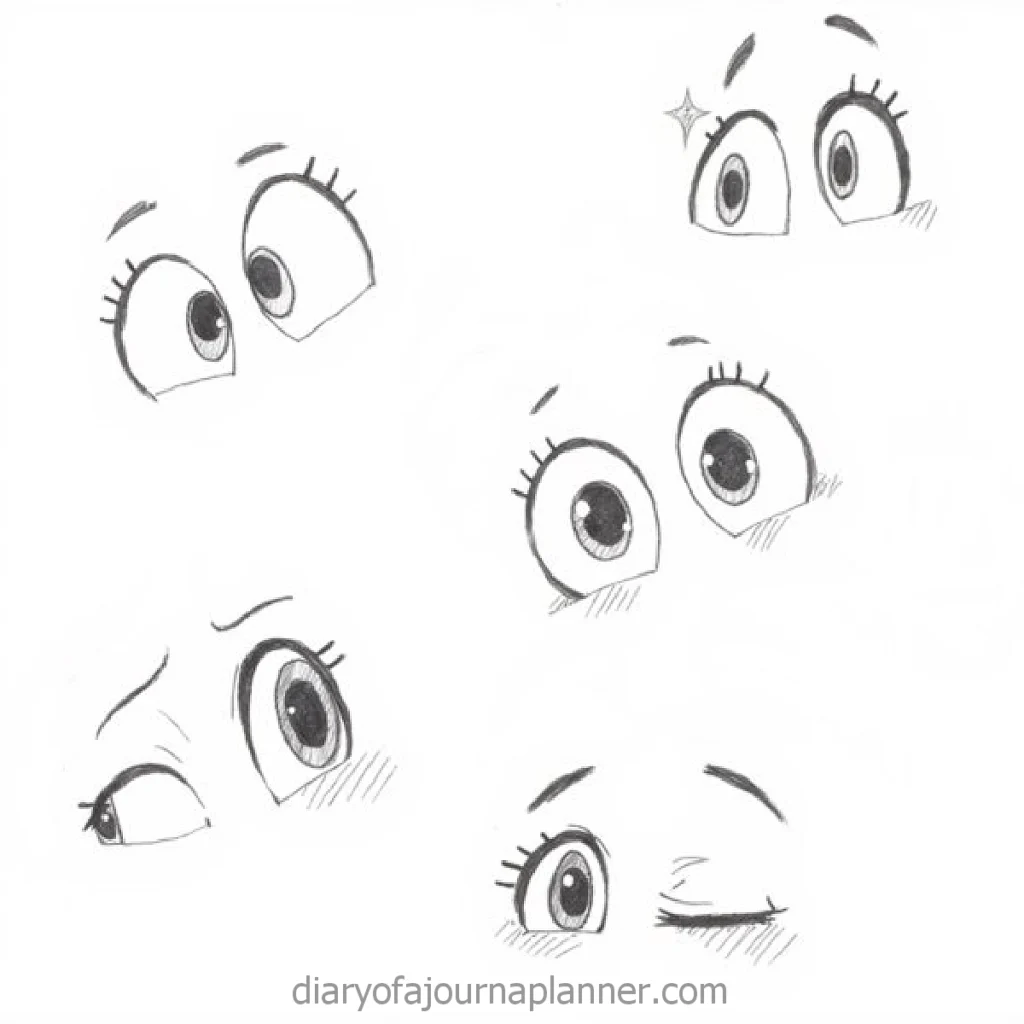 Sketch of expressive cartoon eyes showing various emotions on a white background.