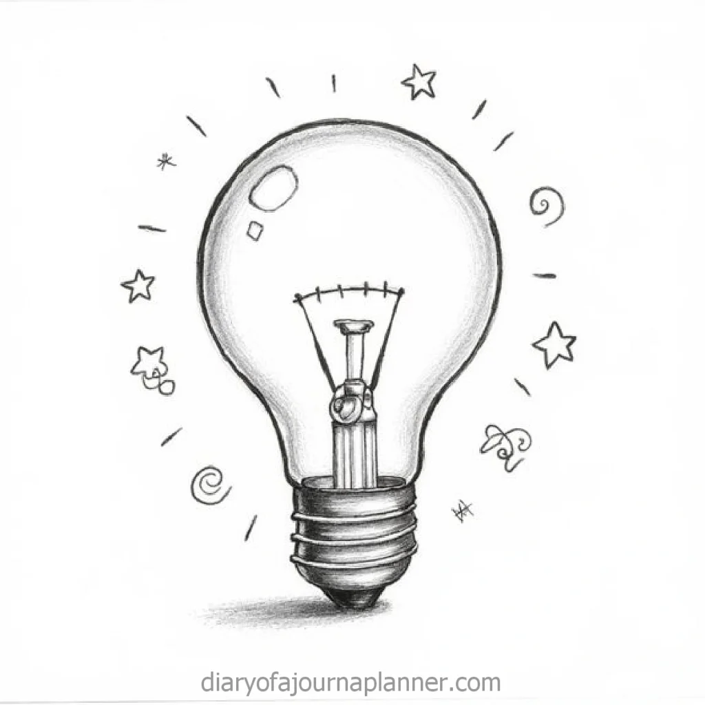 Hand-drawn light bulb illustration with stars and swirls, symbolizing creativity and new ideas.