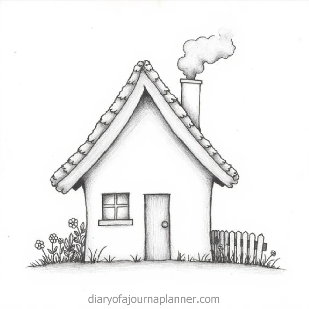 Charming black-and-white sketch of a cozy cottage with a chimney and flowers in front. Ideal for fairytale themes.