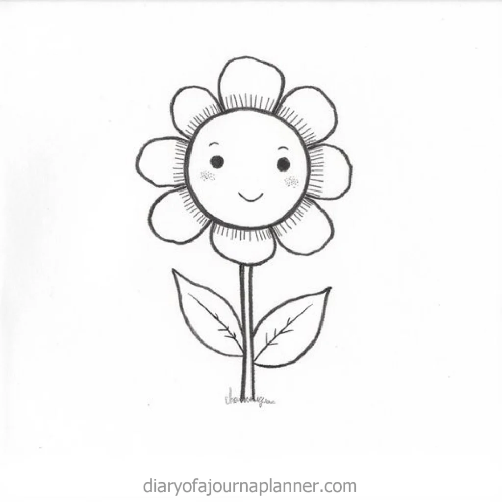 Cute hand-drawn flower with a smiling face and two leaves, perfect for journaling or coloring activities.