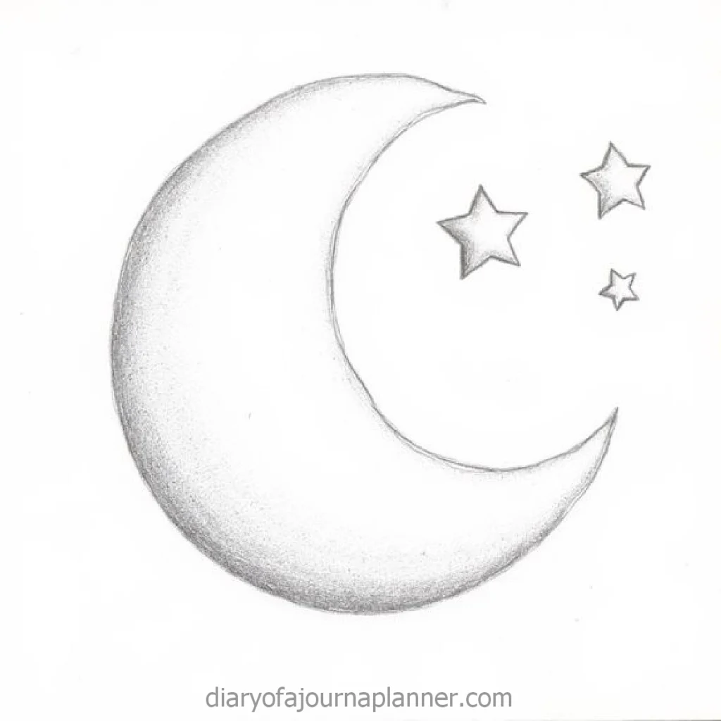 Sketched crescent moon with three stars on a white background, simple and artistic design.