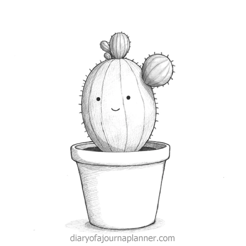 Smiling cartoon cactus drawing in a pot, simple black and white sketch with small spiky details.