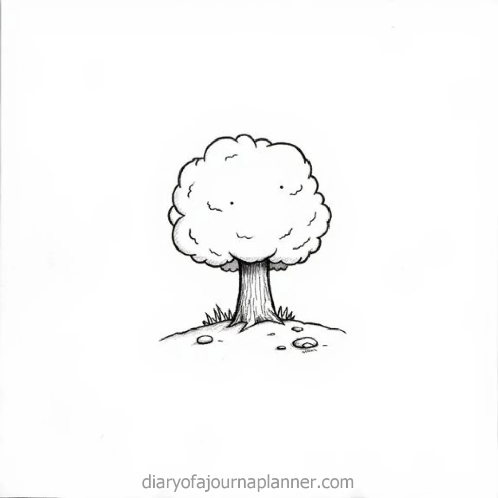 Black and white sketch of a tree on a grassy hill with stones, perfect for journaling or planning inspiration.