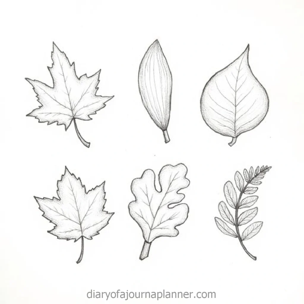 Hand-drawn sketches of various leaf types, including maple, oak, and more, for botanical study and illustration.