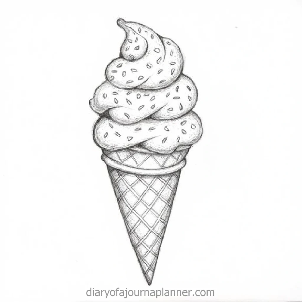 Hand-drawn ice cream cone sketch with swirled soft serve and sprinkles, in a textured waffle cone.