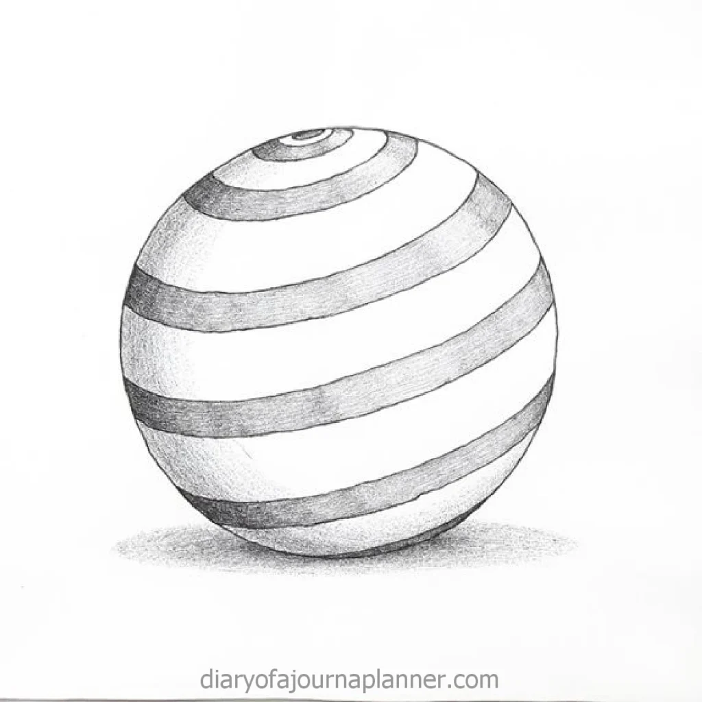 Hand-drawn 3D striped sphere with shadow on white background.