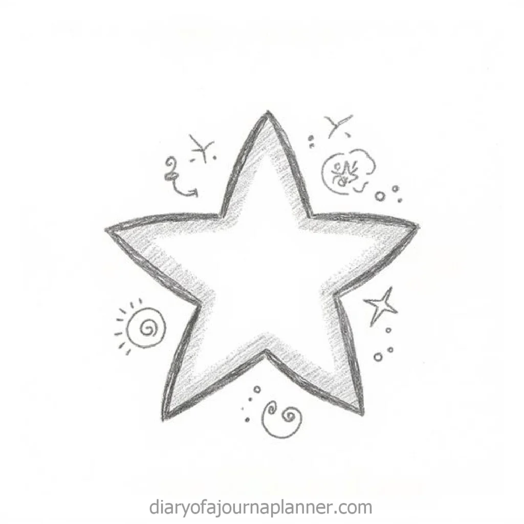 Hand-drawn star sketch with decorative swirls, small stars, and playful doodles around it.