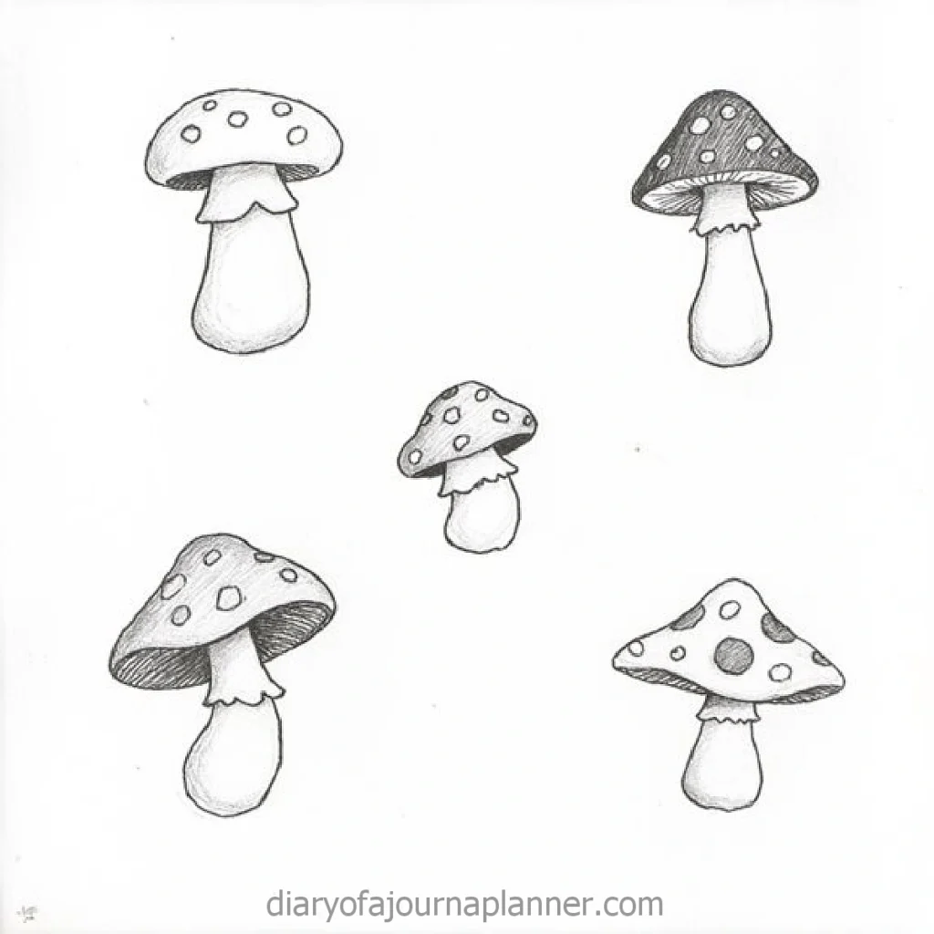 Pencil sketch of five mushrooms with polka dots on caps, artistically spaced on a plain background.