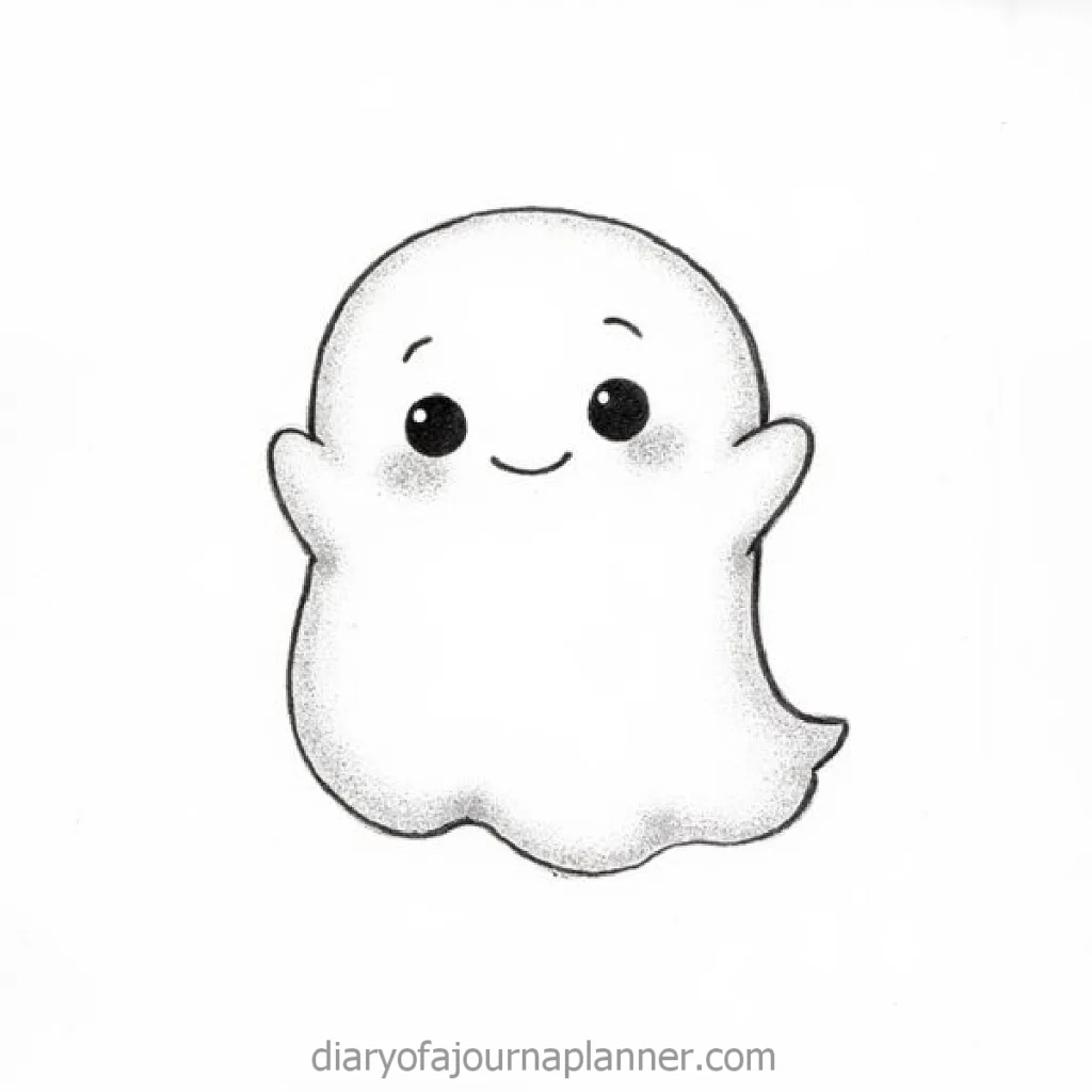 Cute smiling ghost doodle with blushing cheeks, drawn in black and white. Perfect for Halloween or spooky themes.