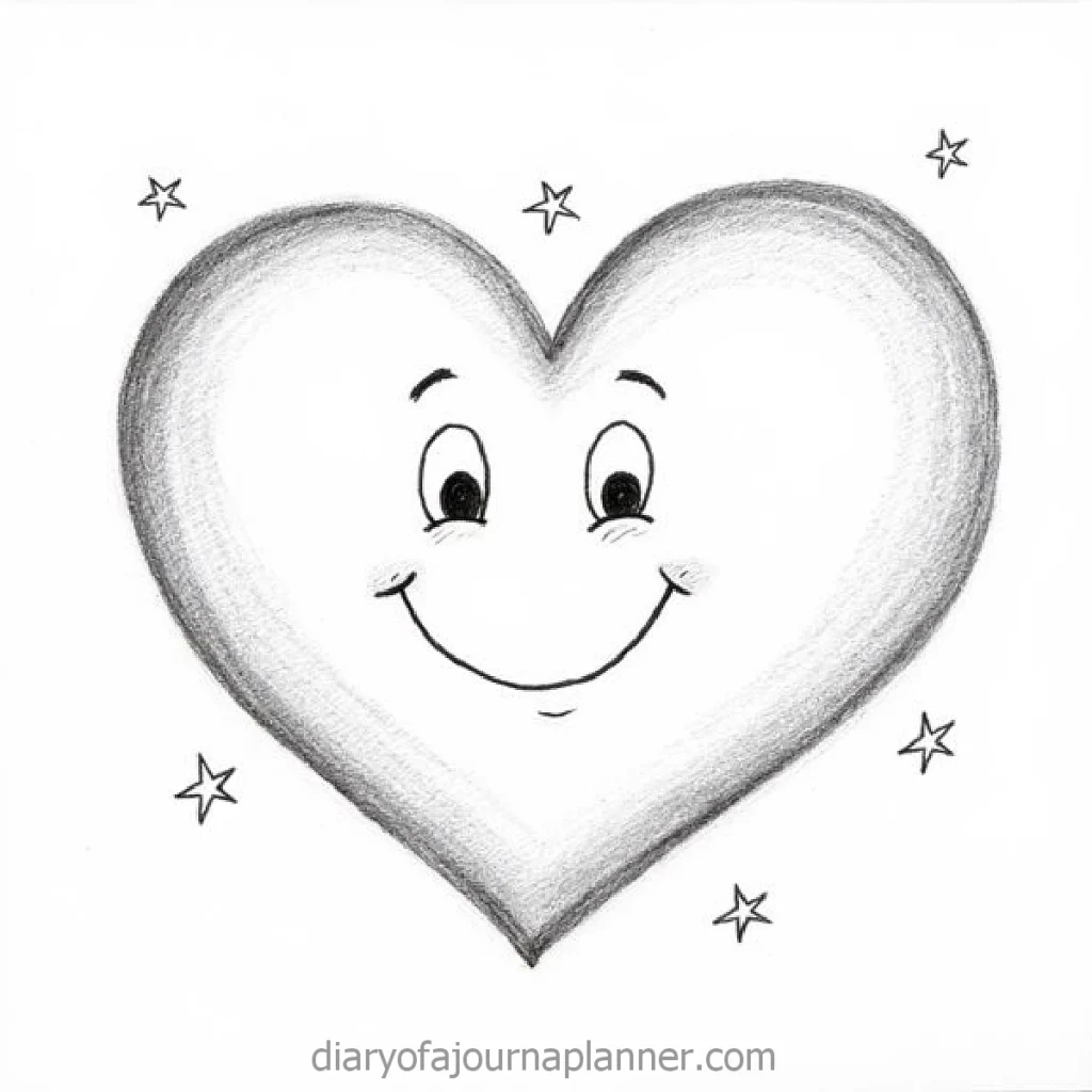 Smiling heart sketch with twinkling stars, black and white.