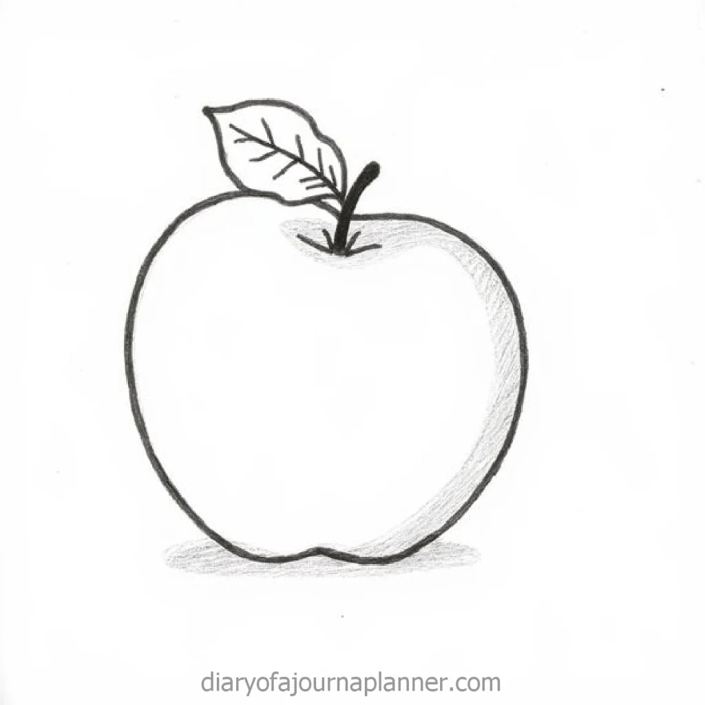 Simple pencil drawing of an apple with a leaf, featuring a clean white background.