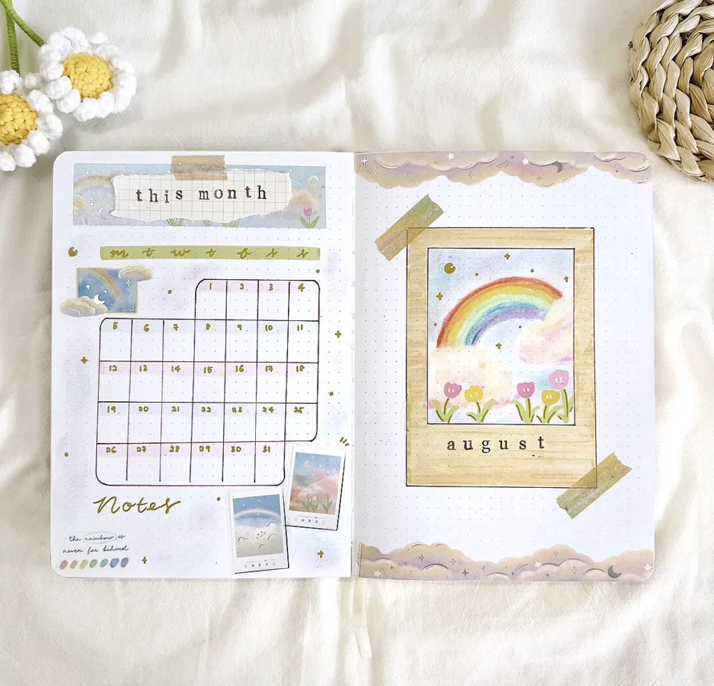 August bullet journal spread with pastel rainbow and flowers, featuring a monthly calendar and decorative notes section.