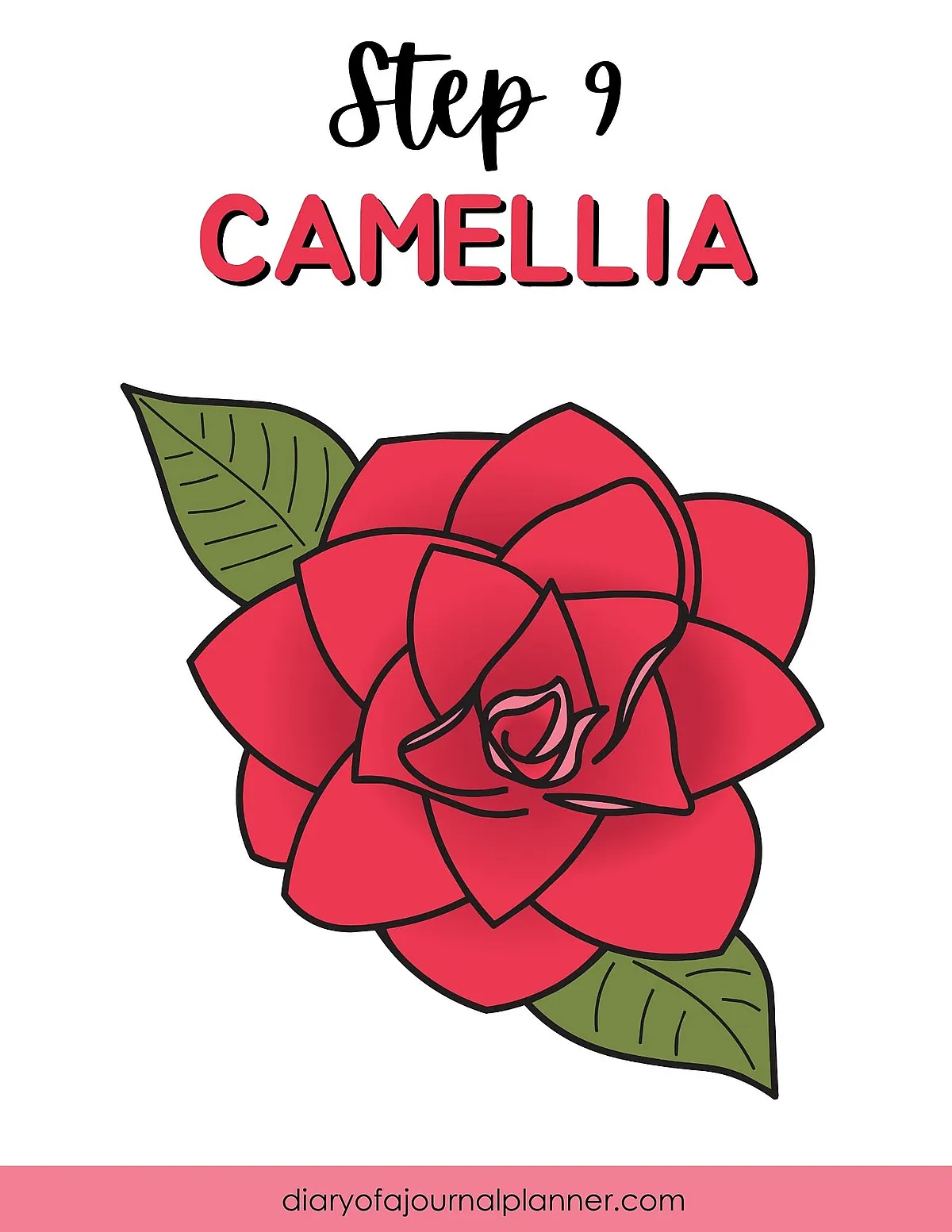Illustration of a red camellia flower with green leaves, labeled Step 9, by Diary of a Journal Planner.
