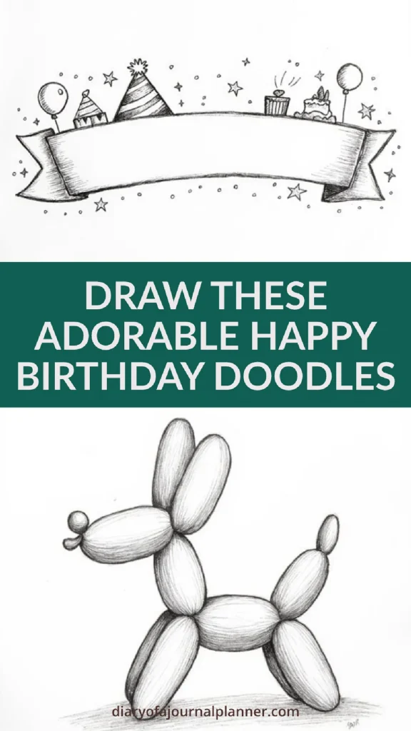 Adorable birthday doodles with party hat, balloons, cake, and balloon animal illustration.