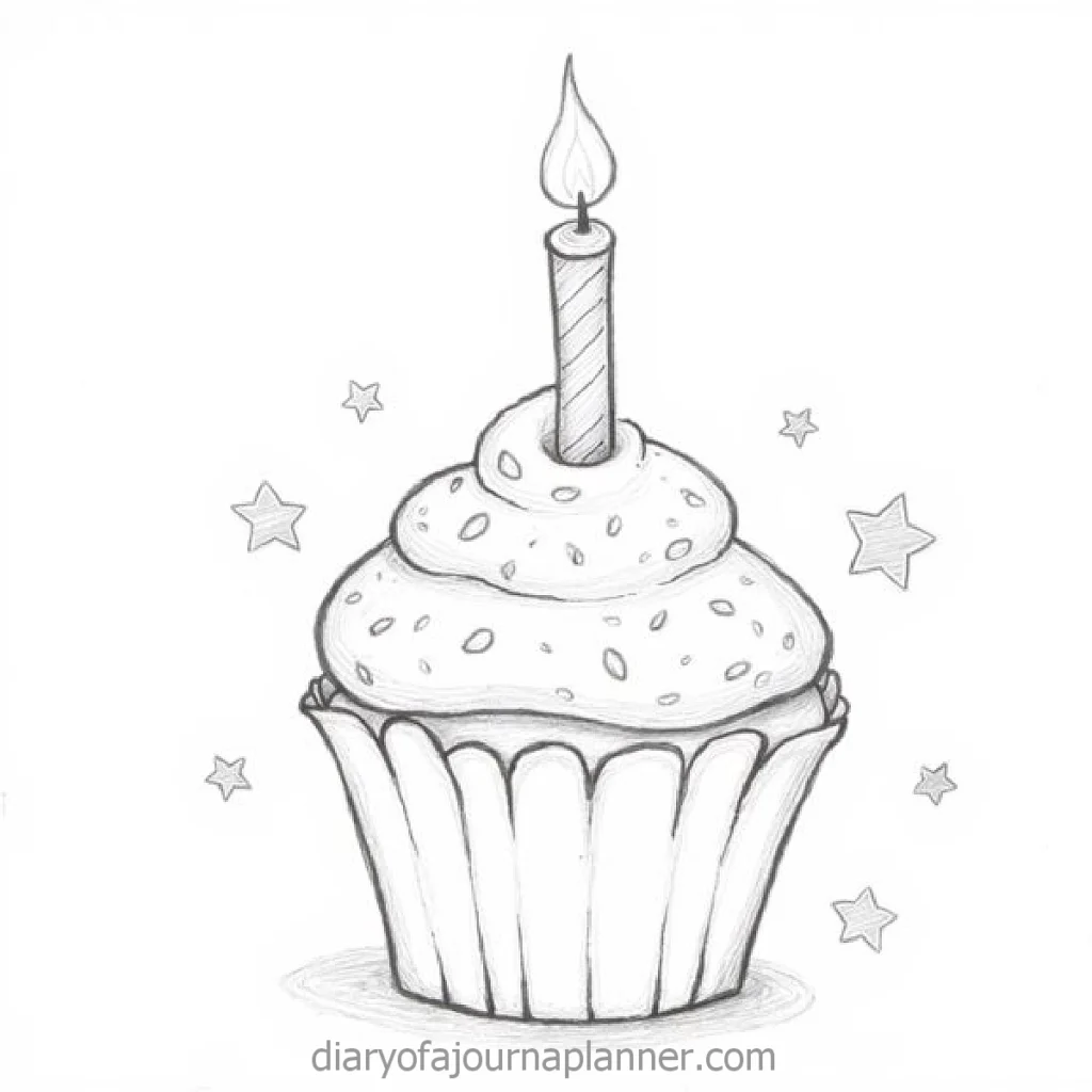Hand-drawn cupcake sketch with a lit candle and star decorations, perfect for birthday celebrations.