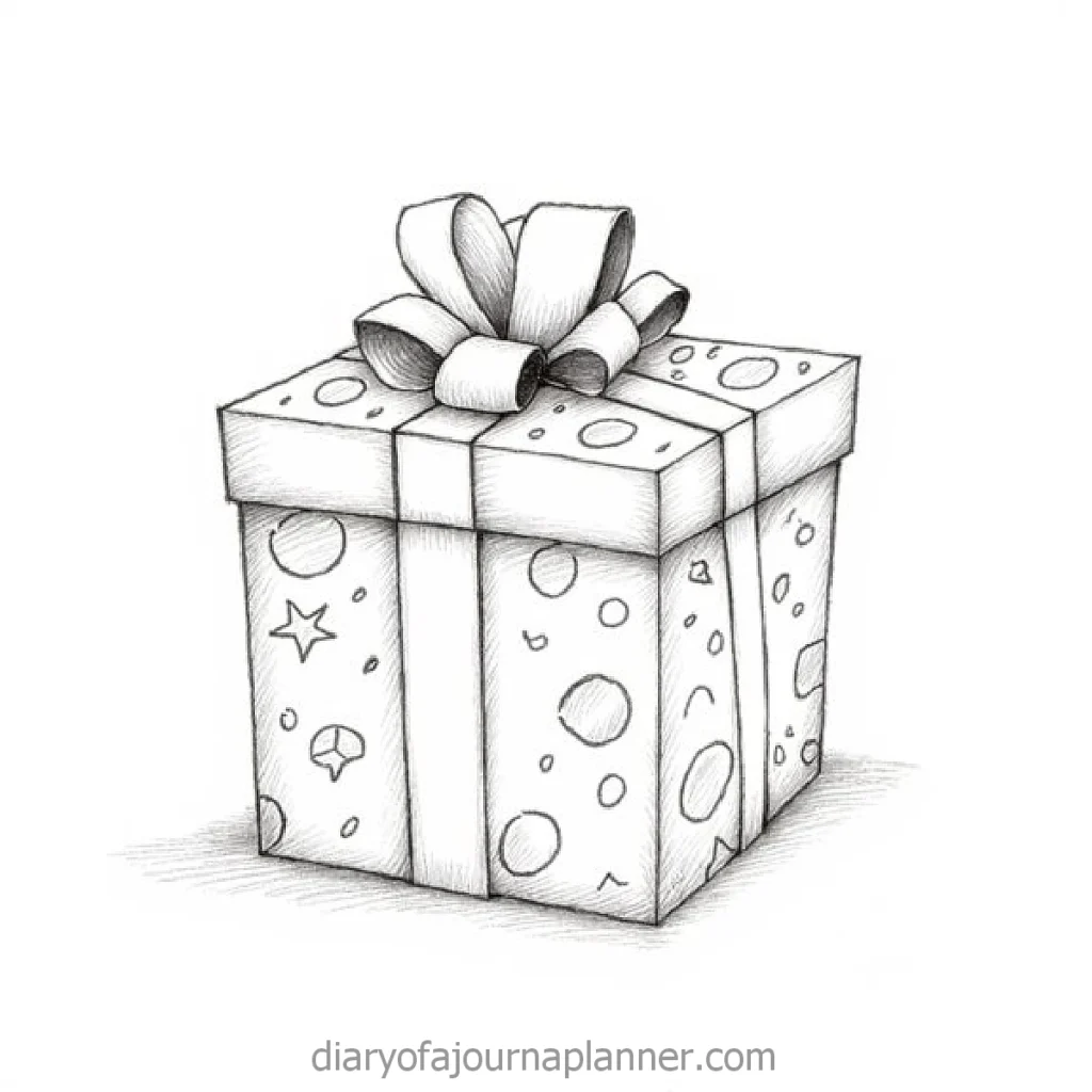 Black and white sketch of a gift box with ribbon and star patterns. Perfect for gift-themed designs and illustrations.