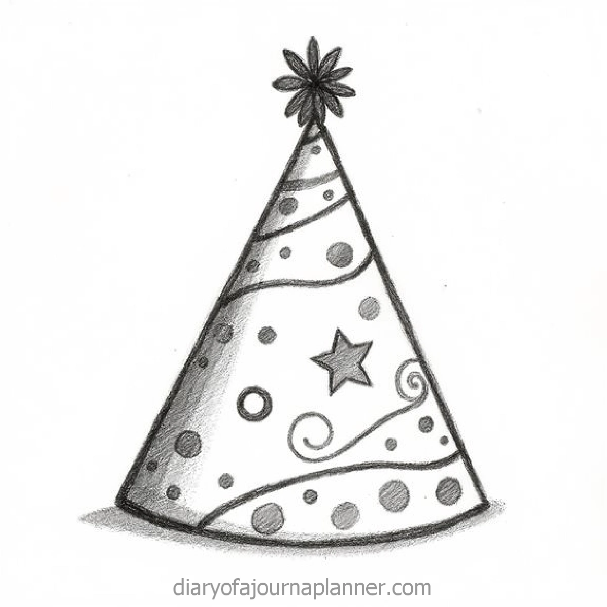 Sketch of a festive party hat with polka dots, stars, and swirls, topped with a starburst decoration.