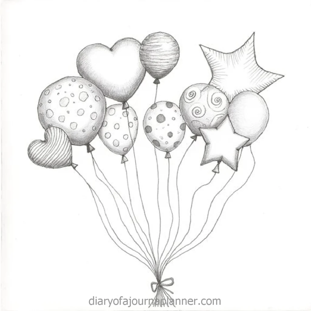Hand-drawn balloons in various shapes: hearts, stars, and circles, tied together. Sketch style, black and white.