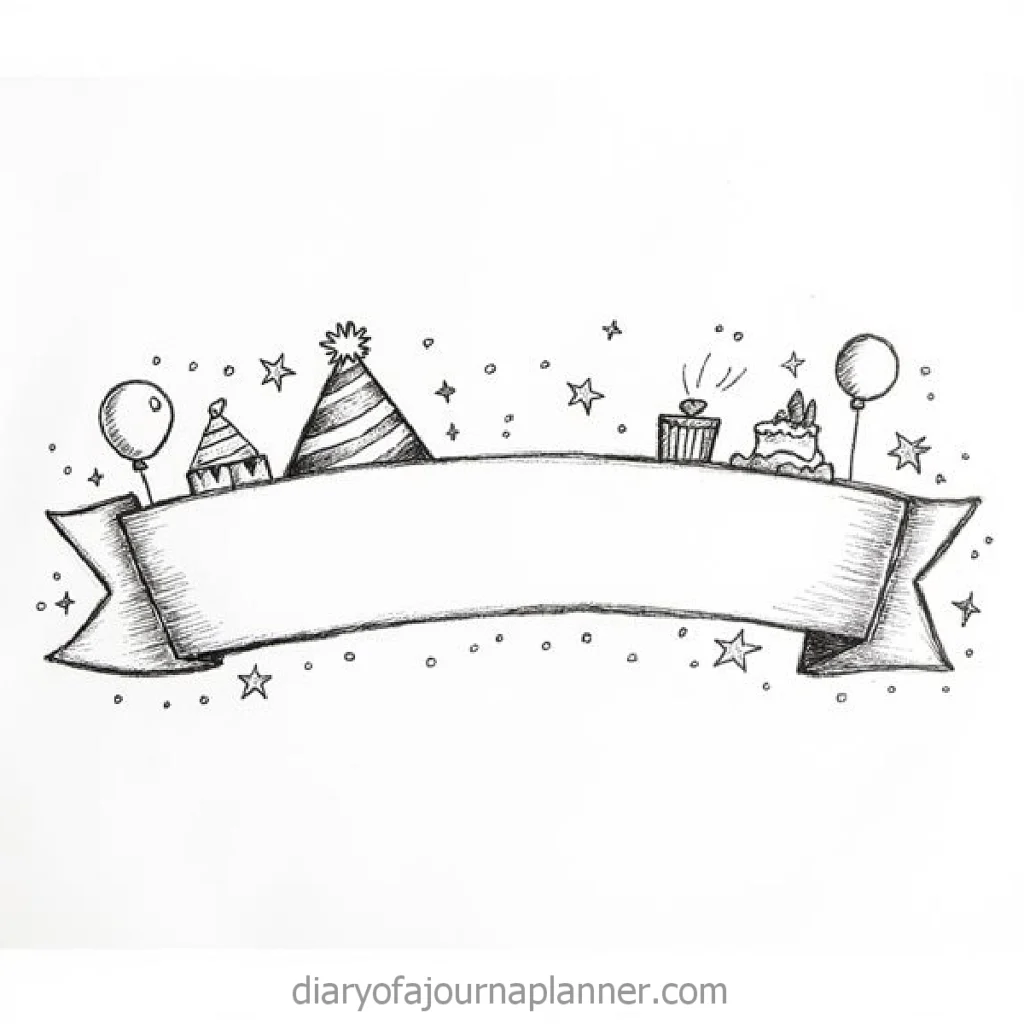 Hand-drawn festive banner with party elements: balloons, hat, cupcake, and stars. Ideal for celebrations and invitations.