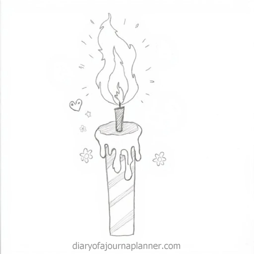 Hand-drawn candle with a large flame, surrounded by doodles of hearts and flowers.