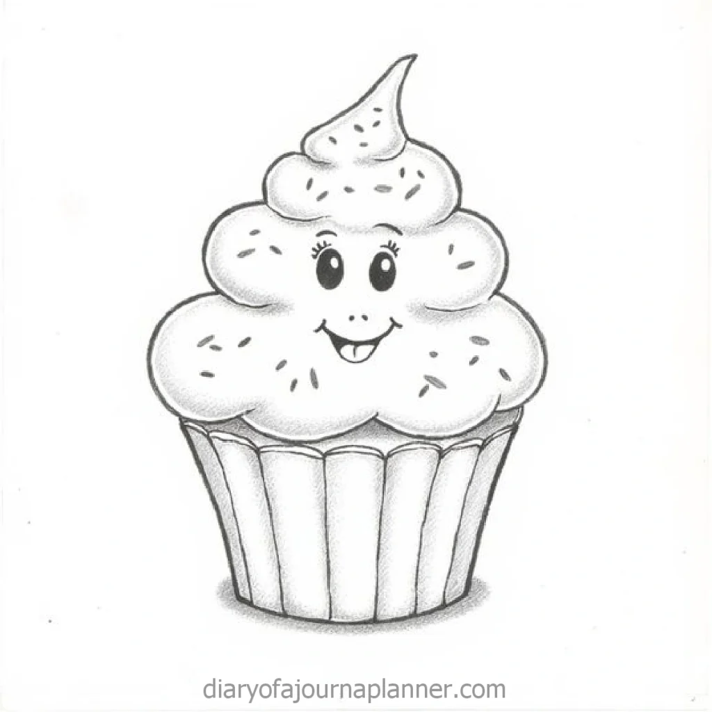 Happy cupcake with sprinkles and a smiling face, black and white drawing.