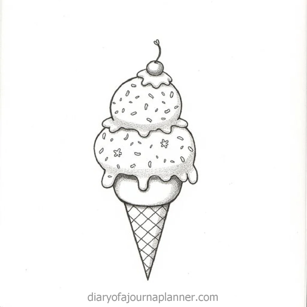 Hand-drawn ice cream cone with sprinkles and cherry on top. Black and white sketch.