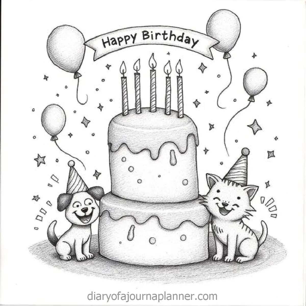 Cute cat and dog in party hats celebrate with a decorated cake and balloons. Happy Birthday banner above.