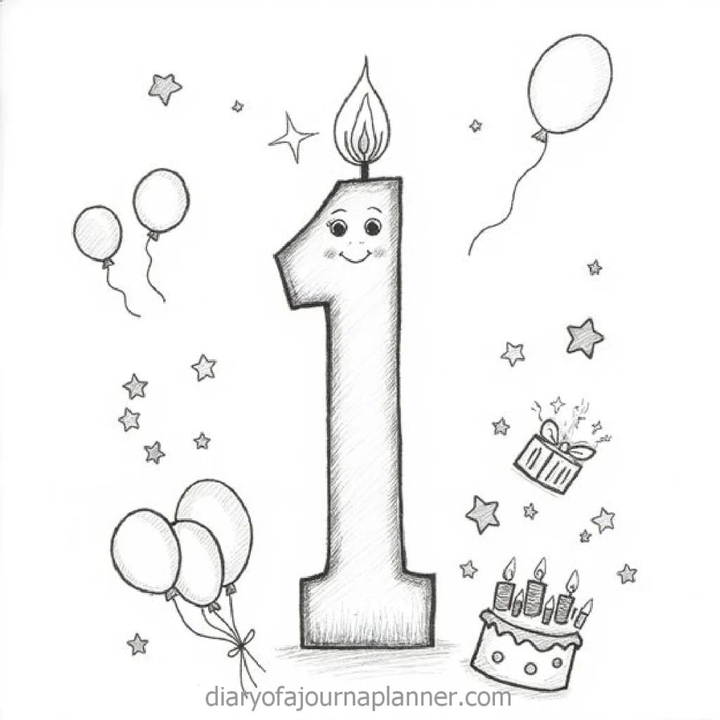 Cute birthday sketch with smiling number one candle, stars, balloons, gift, and cake. Celebratory doodle art.
