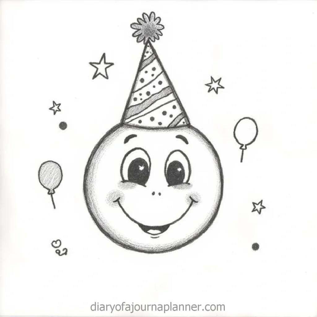 Smiling face wearing a party hat surrounded by balloons and stars, celebrating a fun and festive occasion.