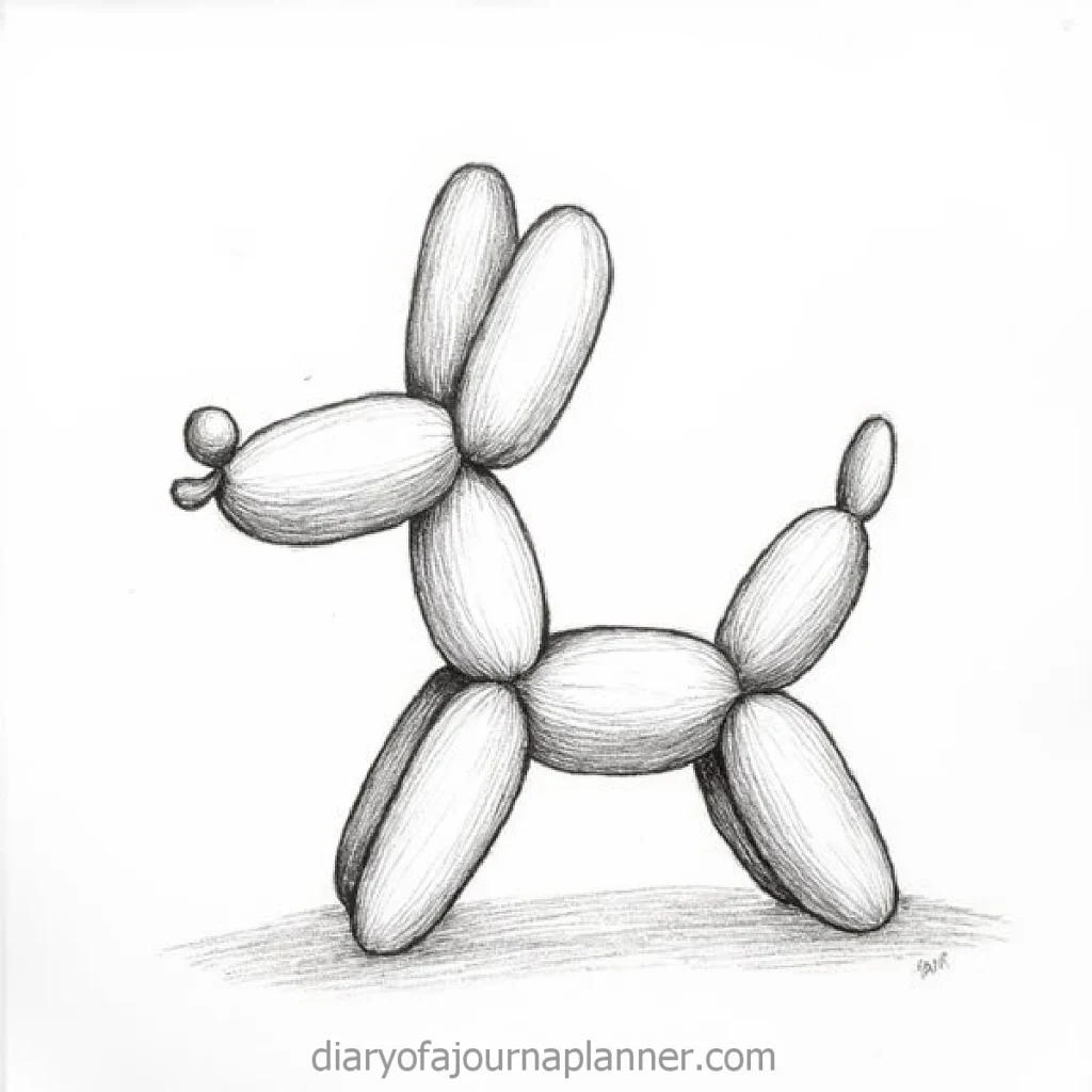 Balloon animal dog sketch in black and white, showcasing creativity and playful design on a white background.