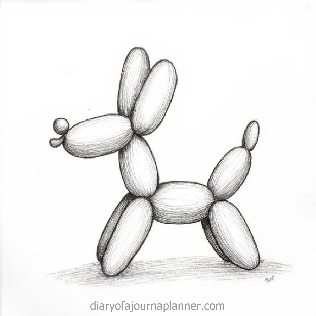 Balloon animal dog sketch in black and white, showcasing creativity and playful design on a white background.