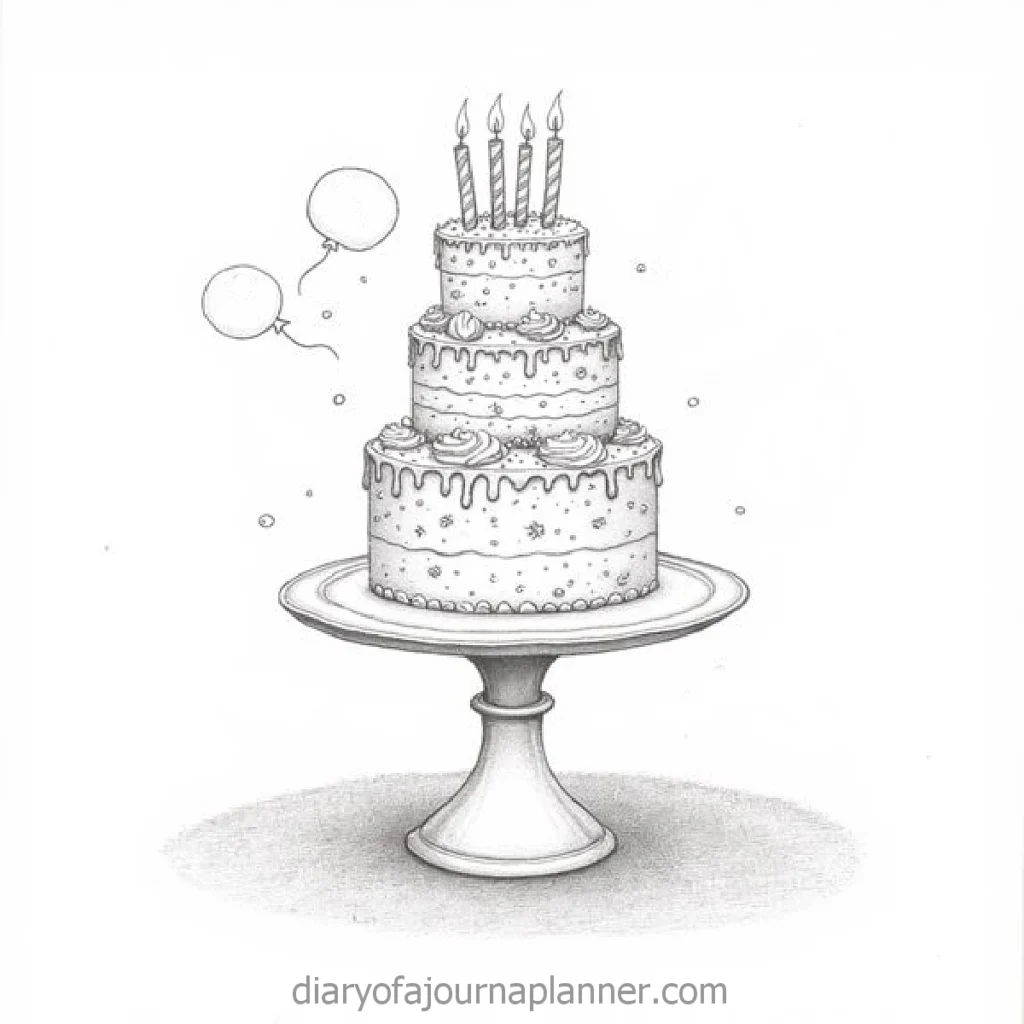 Sketch of a three-tiered cake with four candles and balloons on a pedestal stand.