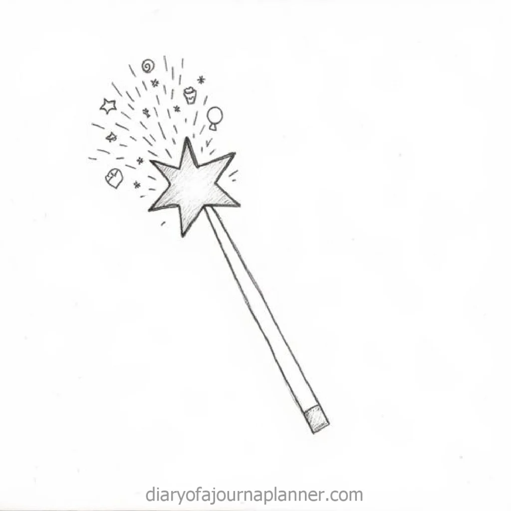Sketch of a magic wand with star, sparks, and small icons, signifying creativity and magic.